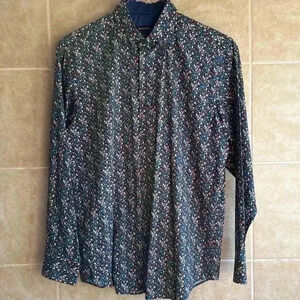 Bugatchi Navy Leaf Print Button Down Classic Fit Long Sleeve Dress Shirt Large